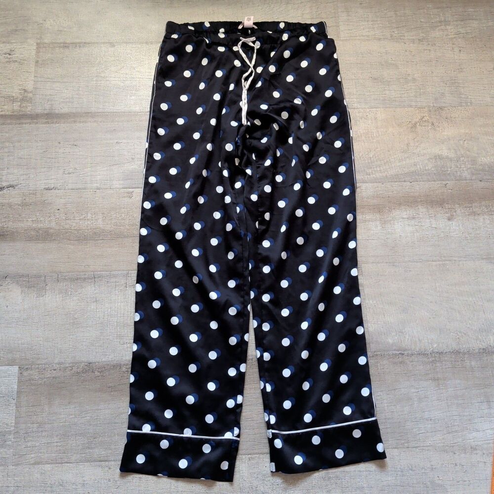 Victorias Secret Pajama Pants Size M Black Blue Polka Dot Satin Pull On Pockets